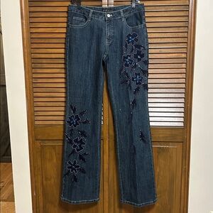 Juliette Boot Cut Floral Blue Velvet Beaded & Gem Embellished Jeans Size 6